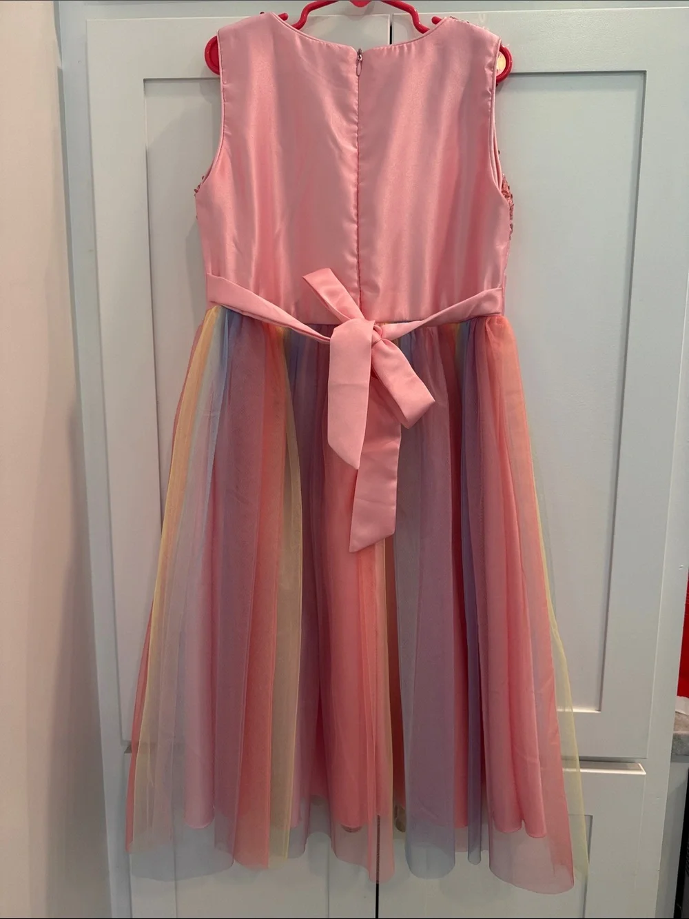Girls Pink Sequin & Rainbow Tulle Flower Waist Party Dress